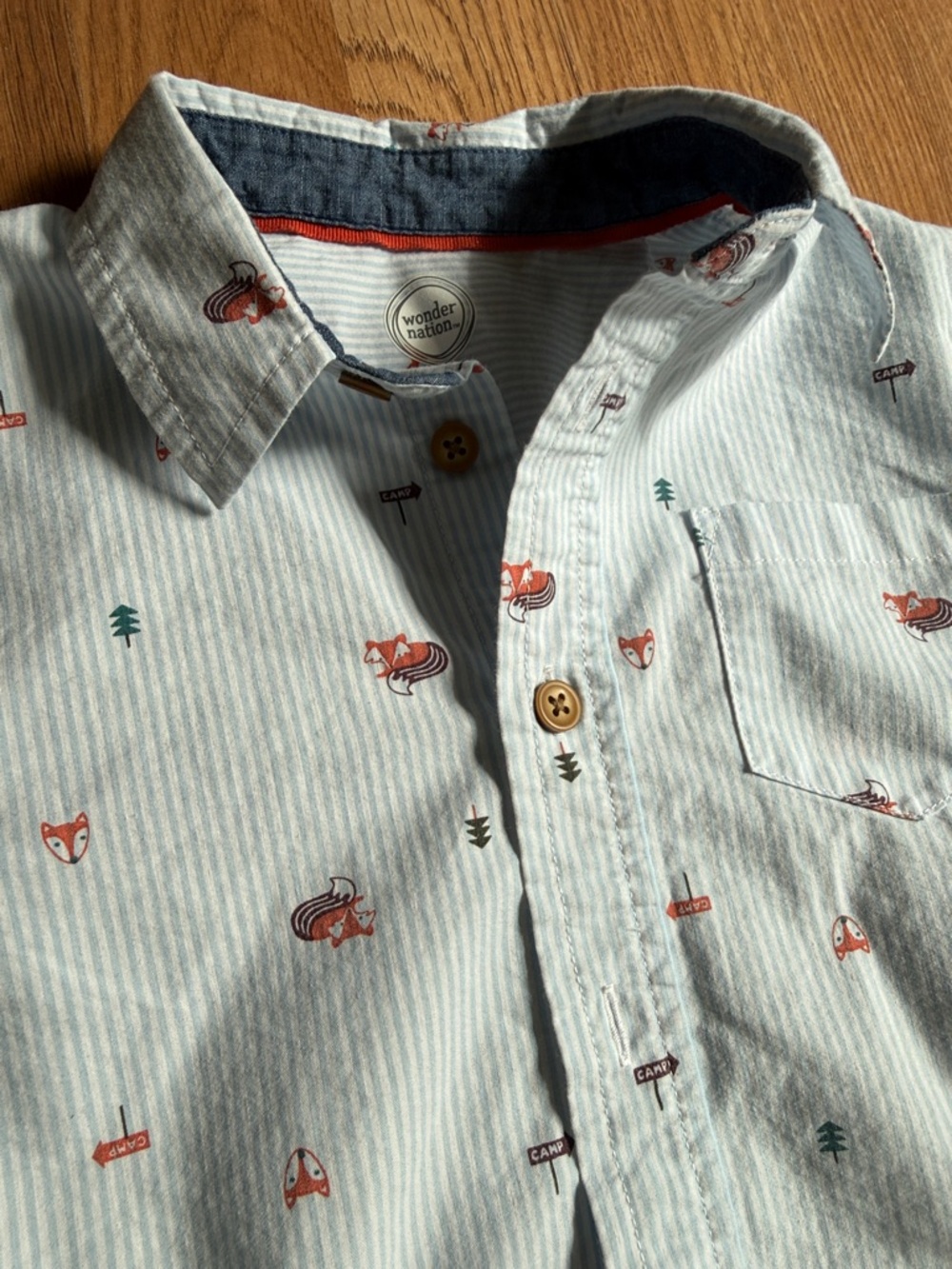 Boys Light Blue Striped Button-Down Shirt with Fox Camp Print 5T Wonder Nation